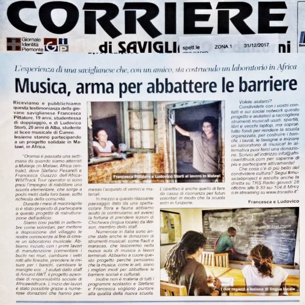 Volontariato in Malawi sul Corriere di Savigliano media giornale musica